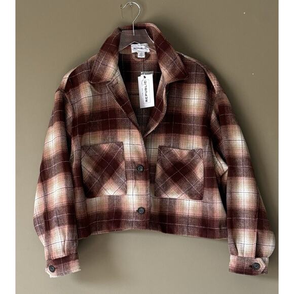 Crop Jacket Shacket L Fleece Cozy Plaid Fall Brown Button Up For The Republic - Picture 1 of 7